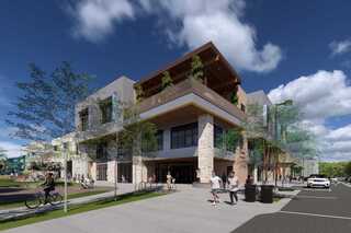 A modern, multi-story recreation center building features large windows, greenery and pedestrians in a vibrant urban setting. Clear skies enhance the scene.
