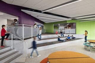 A vibrant, modern cafeteria and learning stair space in a primary school, bustling with students engaging in various activities, featuring colorful walls and creative seating areas.