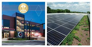 A modern building showcasing sustainability accolades on one side, and expansive solar panels with greenery on the other, emphasizing eco-friendly design.