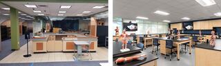 Before and after comparison at St. Charles Community College showing an underused campus retail and service area transformed into a modern biology teaching lab with anatomy models, lab stations and collaborative science learning space.