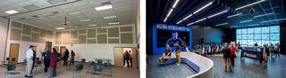 Before and after comparison of St. Louis Community College’s esports arena renovation, showing a former multipurpose room transformed into a modern collegiate esports facility with competitive gaming stations, spectator displays and student gathering space.