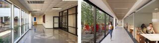 Before and after comparison of a repurposed corridor space at St. Louis Community College’s Hospitality and Education Center, showing an underused hallway transformed into a bright student collaboration area with booth seating, natural light and access to an outdoor courtyard.