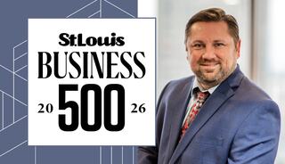 Tim Kwiatkowski, FGM Architects President, in a suit presents alongside a "St. Louis Business 500" announcement for the year 2026.