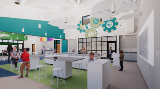 A bright, modern learning space with colorful walls, large tables, and students engaging in activities. Cloud-shaped decor enhances the atmosphere.