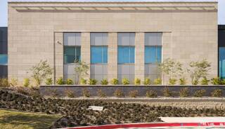 A stylish stone wall features several large windows, framed by greenery and a low landscaped area, creating a modern architectural look.