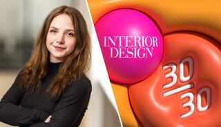 A young woman with long hair poses confidently alongside vibrant graphic elements featuring "INTERIOR DESIGN" and "30/30."