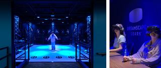 A futuristic VR space with neon lighting features a person interacting in a virtual environment, while two others engage from a control area.