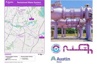 A map of Austin's reclaimed water system, showing facilities and pipelines, alongside a photo of purple water infrastructure.