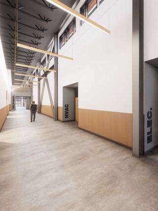 A modern corridor features industrial design elements, with wooden accents, hanging lights, and labeled doorways for HVAC and electrical access.