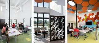 Bright, modern space featuring diverse groups engaging in activities, with colorful geometric designs and ample natural light.