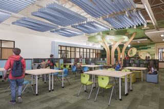 A bright, modern classroom features colorful furniture, tree-like structures, and engaged students, fostering a lively learning environment.