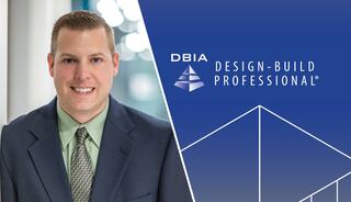 A man in a suit smiles confidently, next to a logo promoting design-build professionalism. A professional and engaging atmosphere is conveyed.