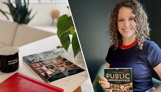 A person with curly hair holds a book titled "Public Librarianship" while sitting beside a coffee mug and a red notebook.