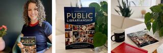 A person poses with a book titled "Introduction to Public Librarianship," surrounded by plants and a cozy reading setting.