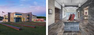 A modern fire station building features a striking facade with large windows, complemented by a sleek interior showcasing stone and stylish decor.