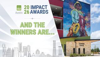 A colorful mural of a cowboy adorns a building, promoting the ULI Austin 2026 Impact Awards with a playful announcement.