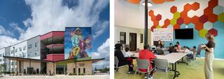 A modern multifamily apartment building features vibrant murals and stylish interiors, showcasing a collaborative learning space with colorful hexagonal decor.