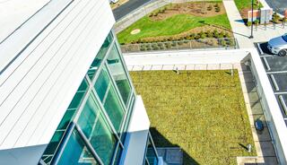 A modern building features large windows overlooking a green roof and landscaped area, with parking spaces visible nearby.