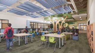 A vibrant, modern classroom features green and blue decor, playful furniture, and students engaging in learning activities amidst a tree-like structure.