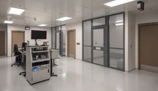 A modern, sterile hallway features secured doors, a computer station, and a monitoring area, with bright overhead lighting.