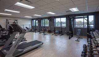 A modern gym space featuring treadmills, weight machines, dumbbells, and large windows offering natural light and a view.