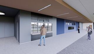 A modern hallway features a service counter, individuals interacting, with a blue accent wall and large windows. Bright and inviting atmosphere.