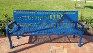 A blue bench features the phrase "get to know me" and "The Metro East, I live here. Know it." creatively designed on its backrest.