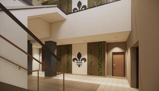 A modern interior featuring a staircase, wooden doors, decorative wall patterns, and a prominent fleur-de-lis symbol on the wall.