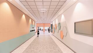 A modern corridor features a light color palette with geometric wall accents, ample lighting, and people walking towards an inviting entrance.