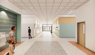 A modern, brightly lit hallway with a clean design, featuring pedestrians, colorful wall accents, and a welcoming atmosphere.
