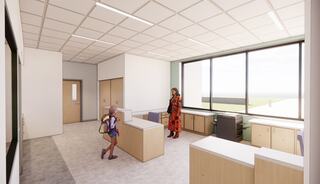 A modern, bright room features minimalist furniture, large windows, and two individuals, one with a backpack, engaged in conversation.