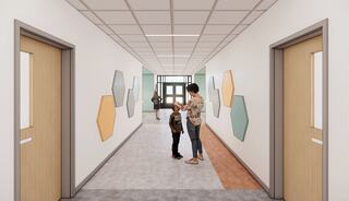 A brightly lit hallway features two parents and children, with hexagonal wall designs and doors leading to various rooms.