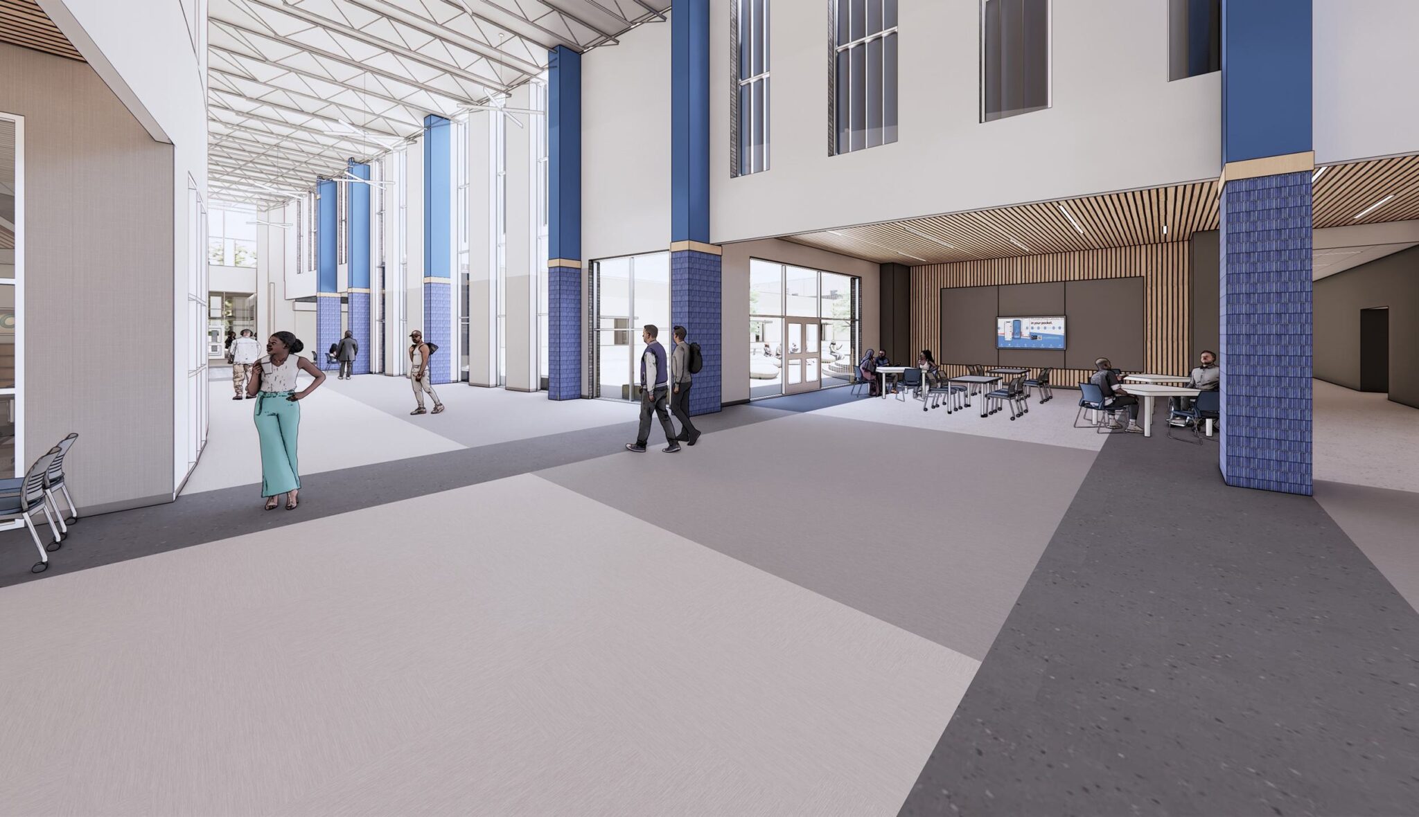 A spacious, modern interior featuring high ceilings, large windows, and areas for interaction, with people engaging in various activities.