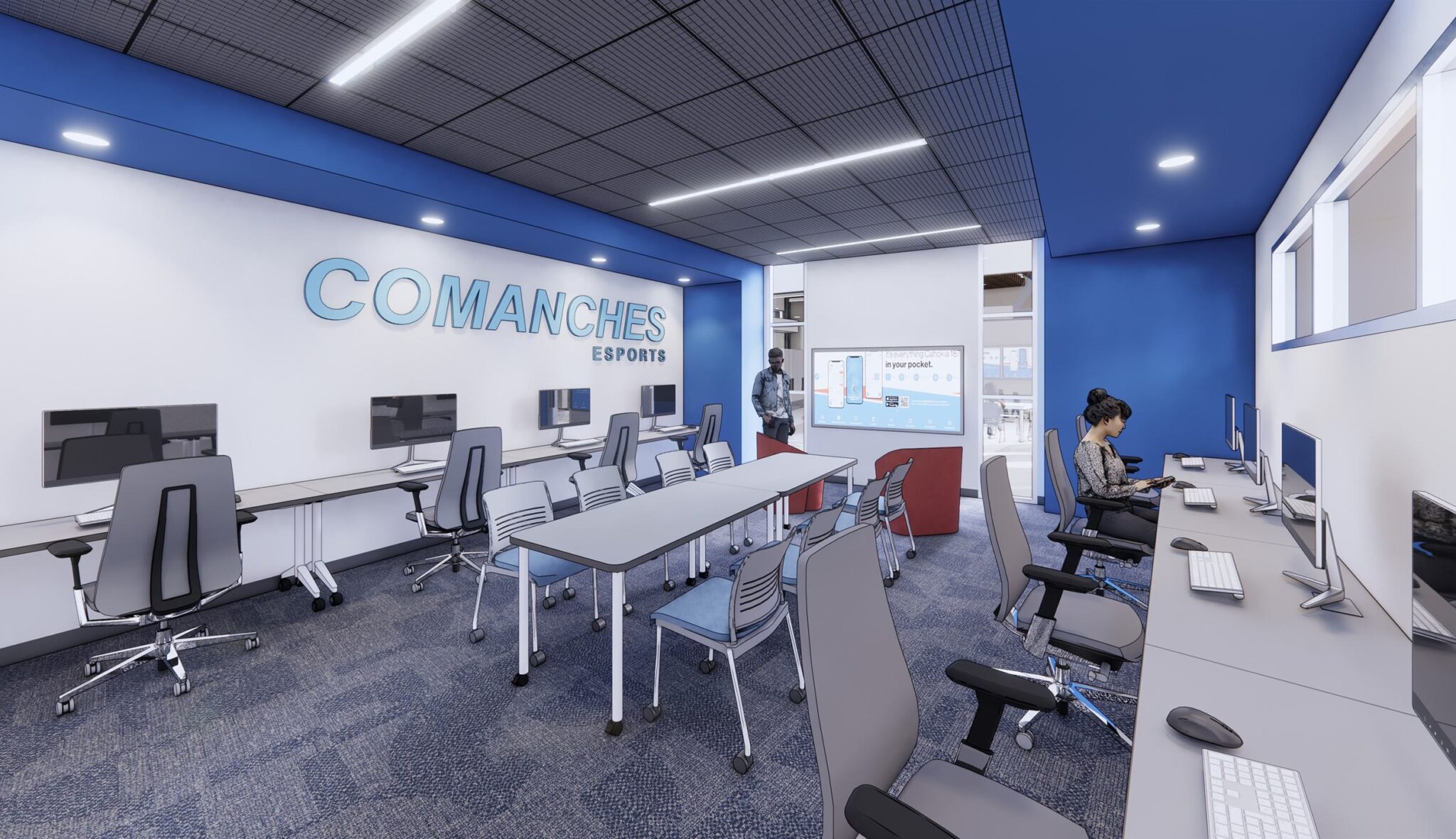 A modern esports room features computers, sleek furniture, and a blue and white color scheme, designed for gaming and team collaboration.