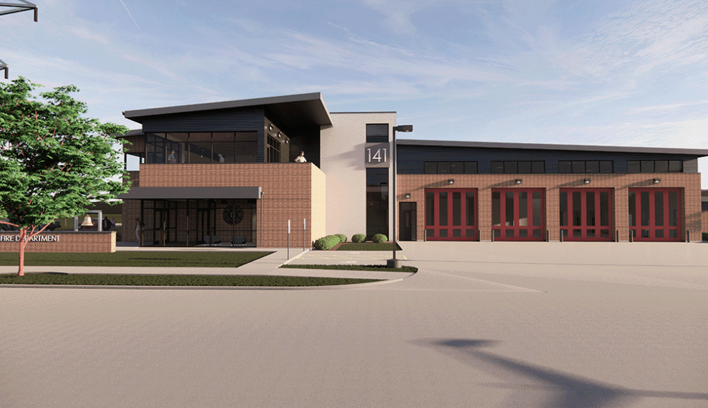 A modern building with large windows and red garage doors, featuring a sleek design and landscaped greenery in front.