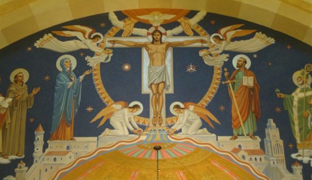 Central mural in the triumphal arch above the apse of St. Paul the Apostle Catholic Church in Westerville, OH by EverGreene Architectural Arts. (photo by Meleca Architecture)
