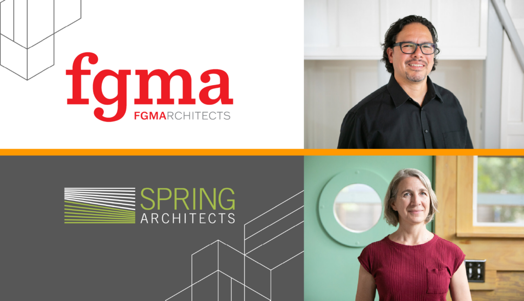 Two portraits of architects, one in a black shirt and glasses, the other in a red top, accompanied by their firms' logos and names.