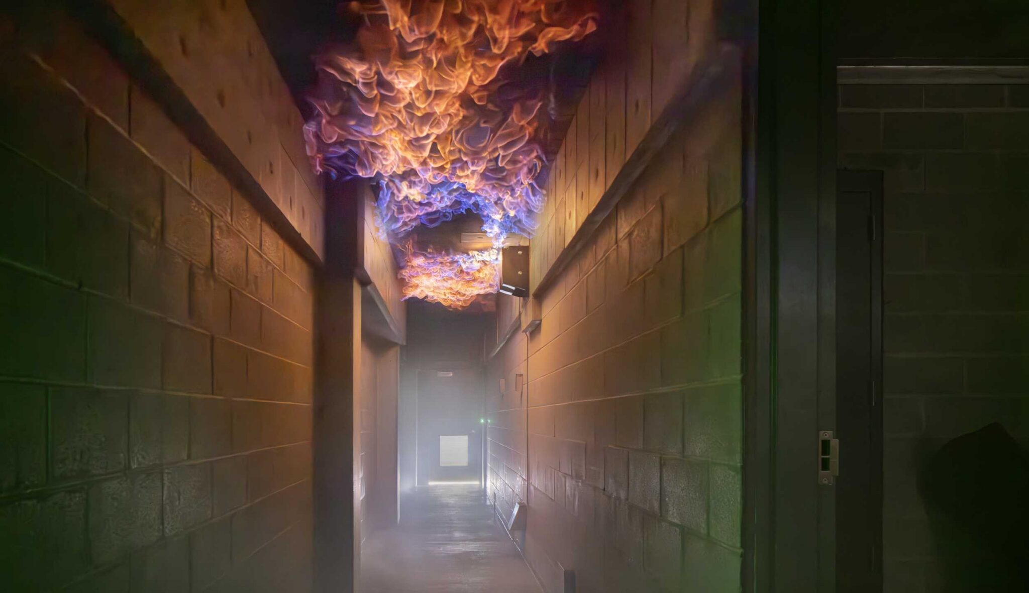 Fire training corridor: Flames spread across the ceiling of a narrow concrete-block corridor inside Harper College's fire training tower, simulating dangerous fire conditions for hands-on firefighter training.