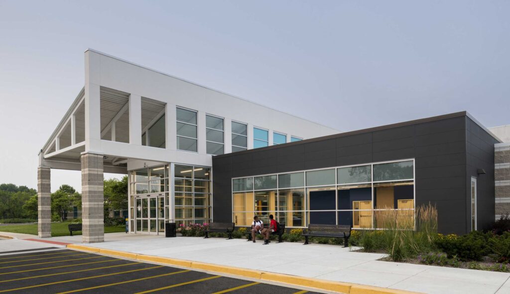 Bolingbrook Recreation & Aquatic Center (BRAC) exterior, upgrades designed by FGM Architects (FGMA).