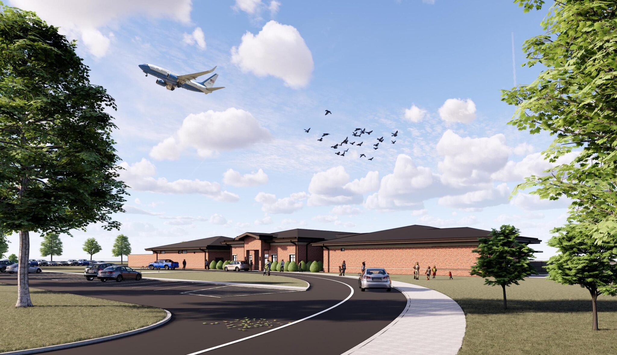 Rendering by FGMA of Scott Air Force Base new Child Development Center that sits on a landscaped lot, with cars and people around, under a blue sky with clouds, birds and a plane flying above.