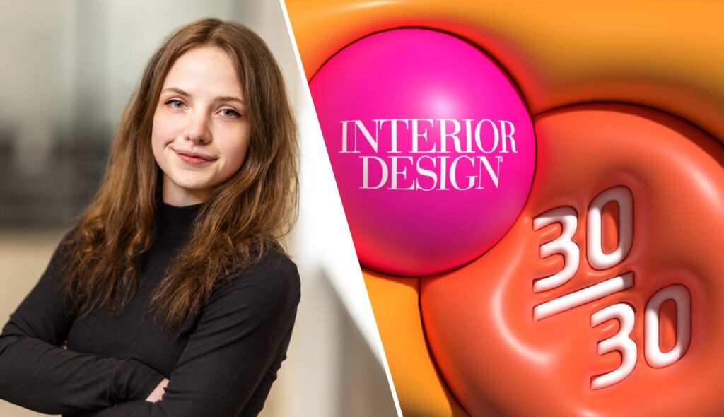 A young woman with long hair poses confidently alongside vibrant graphic elements featuring "INTERIOR DESIGN" and "30/30."