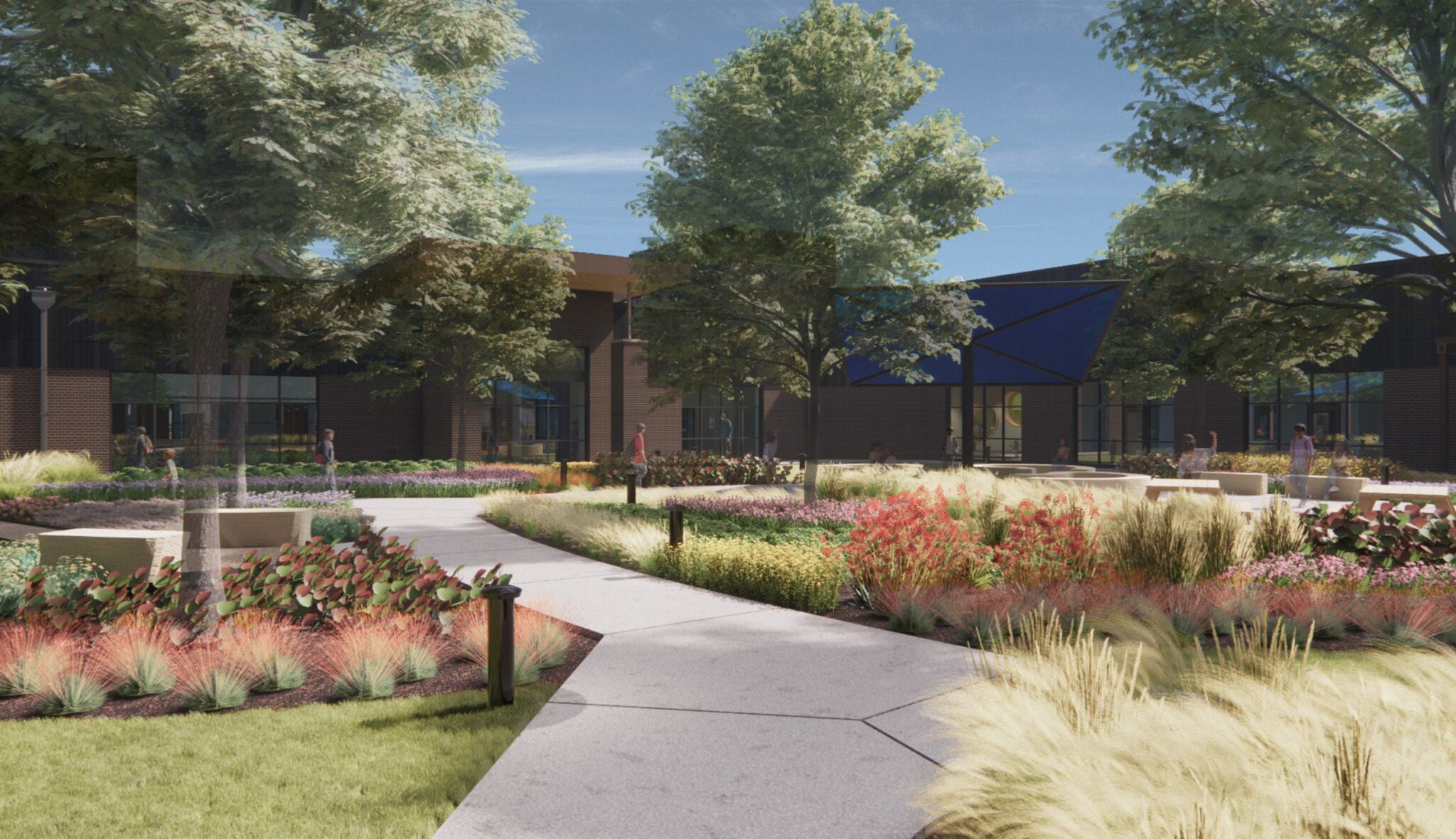 A landscaped pathway meanders through vibrant gardens with colorful flowers and trees, leading to a modern building under a clear blue sky.