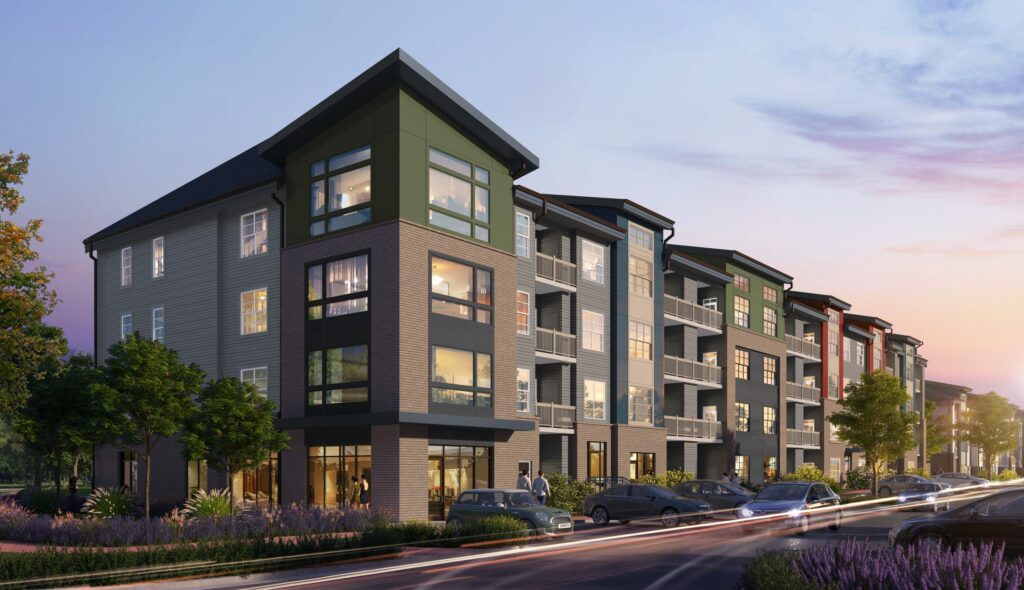 Modern multi-story apartment buildings with a mix of colors and large windows, set against a serene evening backdrop and lined with greenery.