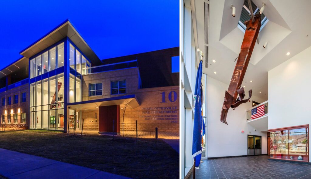 A modern building features large windows and an impressive entrance, with an exhibit of a massive steel structure hanging indoors.