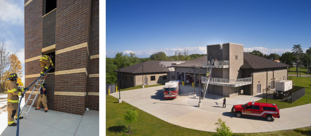 Two images: on the left, three firefighters supporting one another with a training tactic using a ladder and hose to climb up to a second story. Right image: view from above of a fire training tower at the back of a fire station with active ladder training in progress.