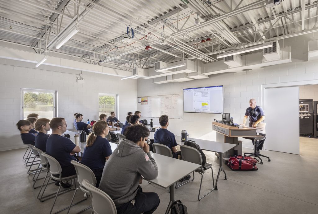 Indoor training classroom for first responders and firefighters.