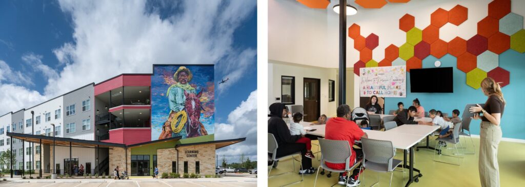 A modern multifamily apartment building features vibrant murals and stylish interiors, showcasing a collaborative learning space with colorful hexagonal decor.